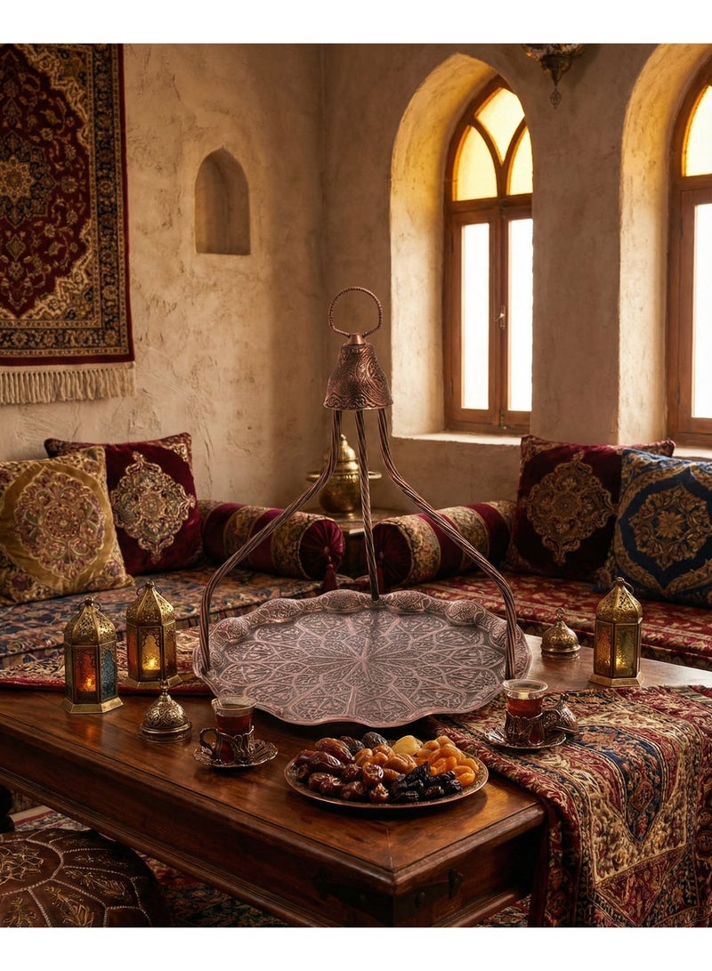 صينية نحاسية يدوية بتشطيب برونزي وطراز عثماني مع حامل – زخرفية، سهلة الحمل، صناعة تركية - Image 1